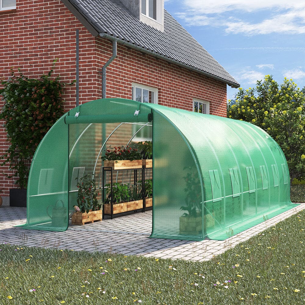 6x3x2m Large Walk-in Greenhouse with Green PE Cover – Zippered Door and Mesh Windows for Garden Planting